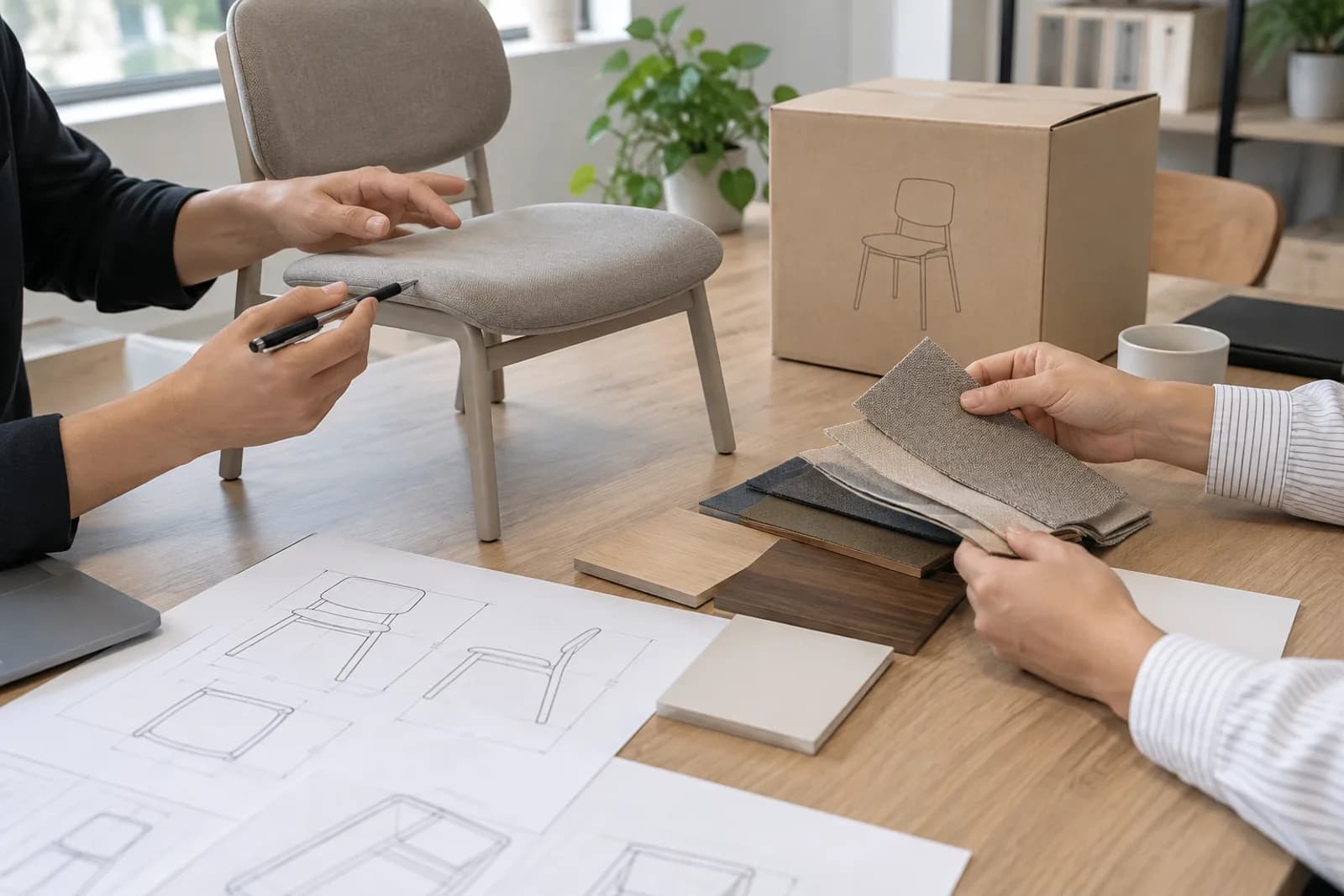Two people reviewing a chair concept sample, neutral swatches, technical drawings and unbranded carton