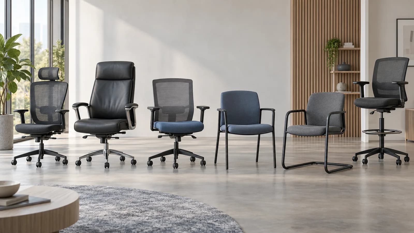 Unbranded assortment of task, executive, meeting, visitor and drafting office chair concepts in a showroom