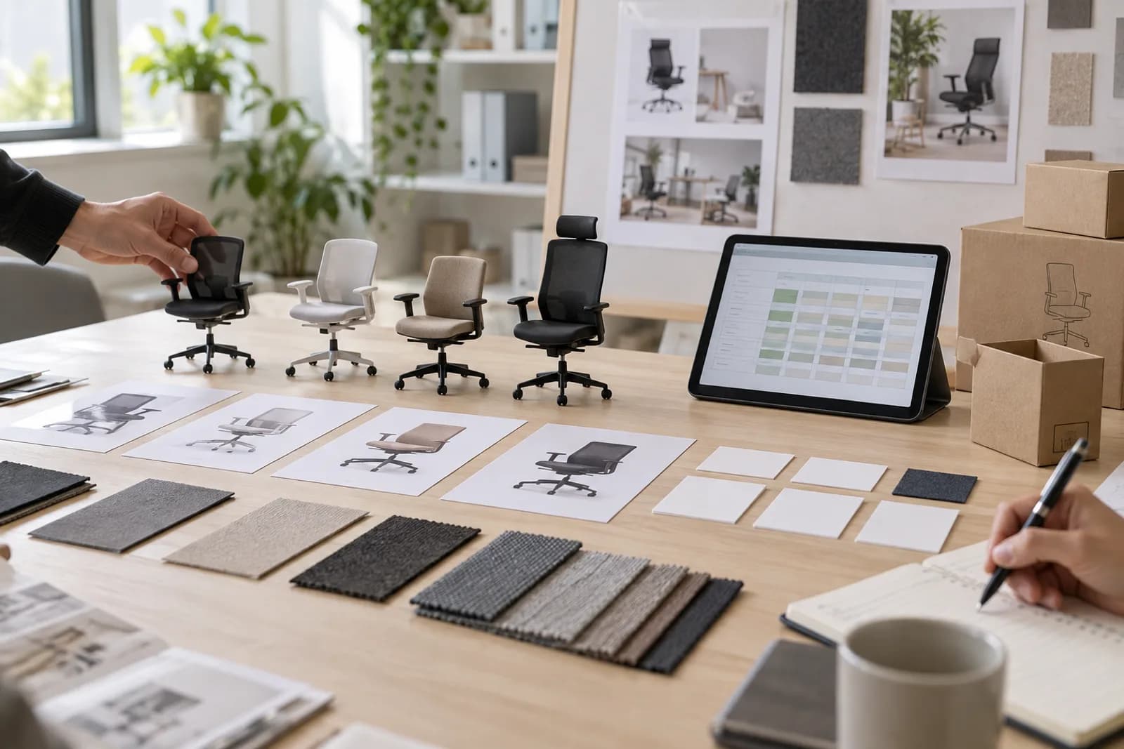 Illustrative distributor planning table with office chair concepts, material swatches and unbranded inventory cards