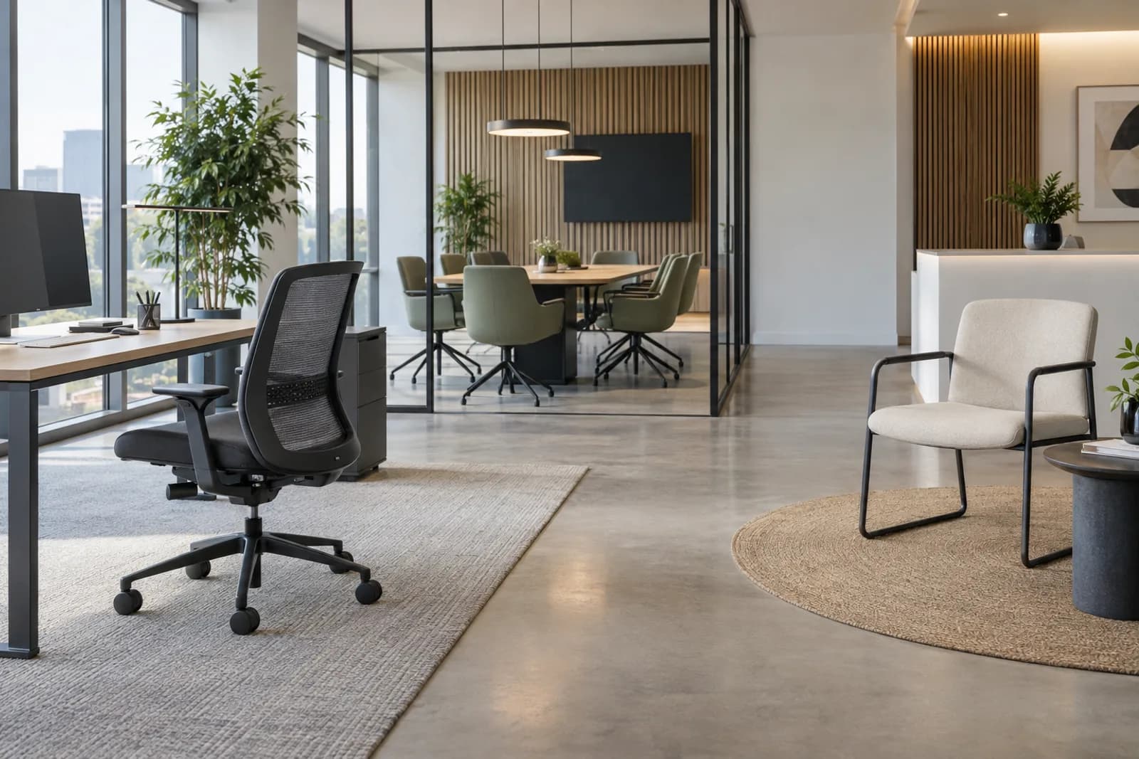 Illustrative task, meeting and visitor chair concepts placed in separate commercial office zones