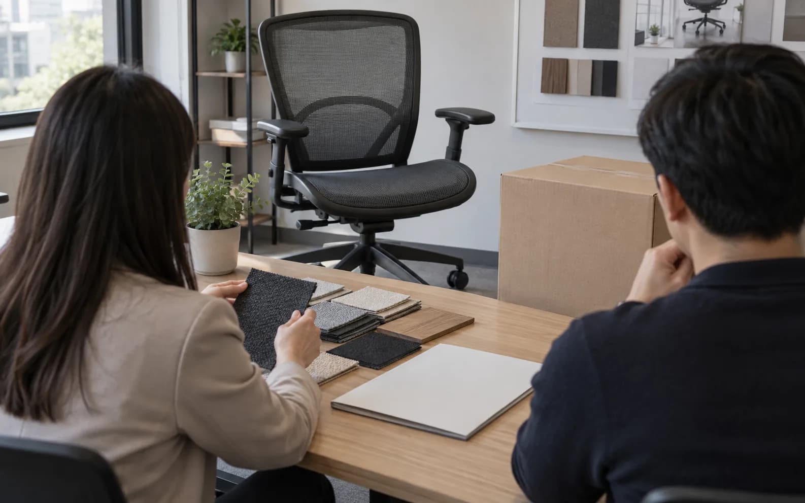 Illustrative sourcing discussion around an office chair, material swatches and plain carton