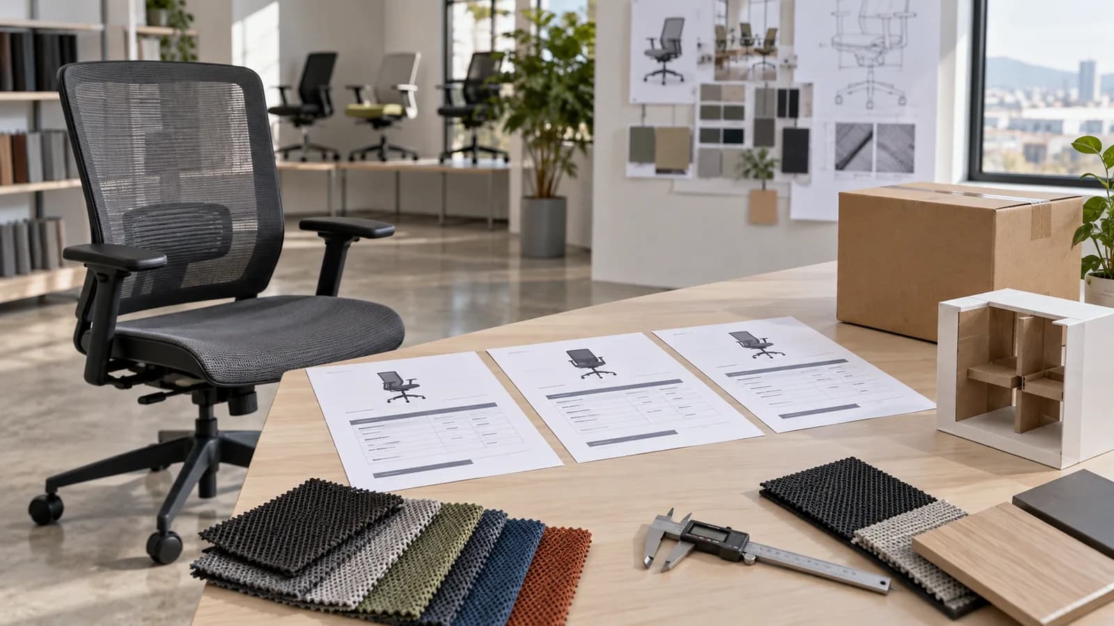 Illustrative office chair sourcing table with three quote sheets, material swatches and carton sample