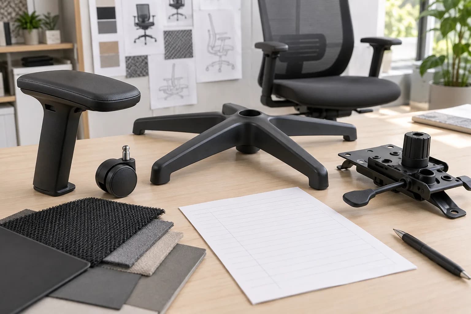 Illustrative chair components and material swatches beside an empty quote comparison sheet