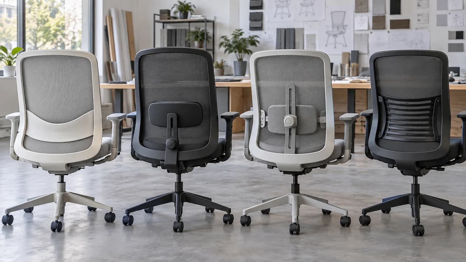 Four unbranded office chair backs showing different fixed, adjustable and flexible lumbar support constructions