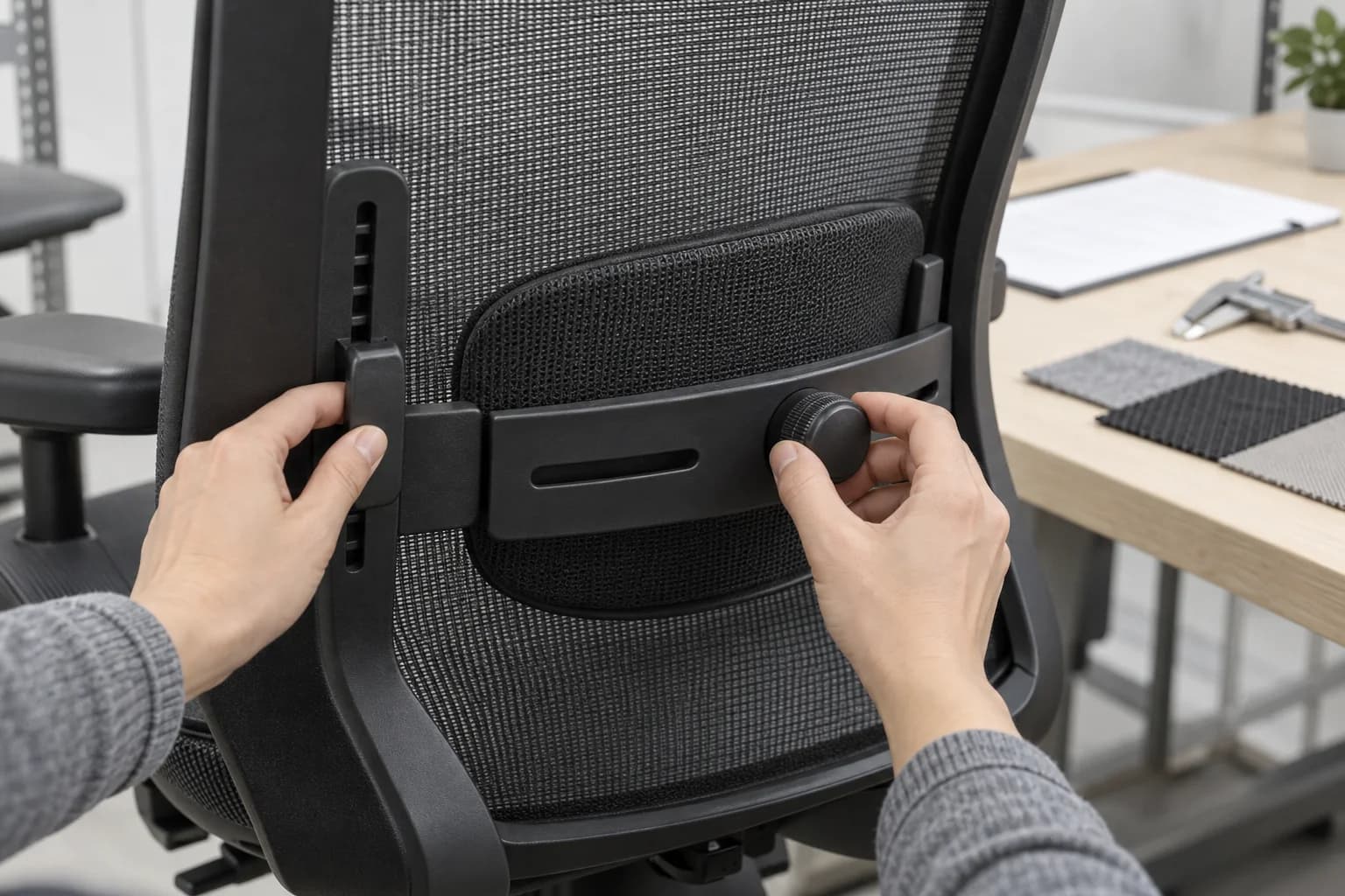 Hands demonstrating height and depth controls on an unbranded mesh chair lumbar support