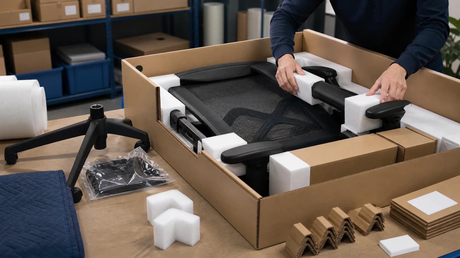 Editorial visualization of unbranded mesh office-chair components being placed with protective foam and blank export-carton materials
