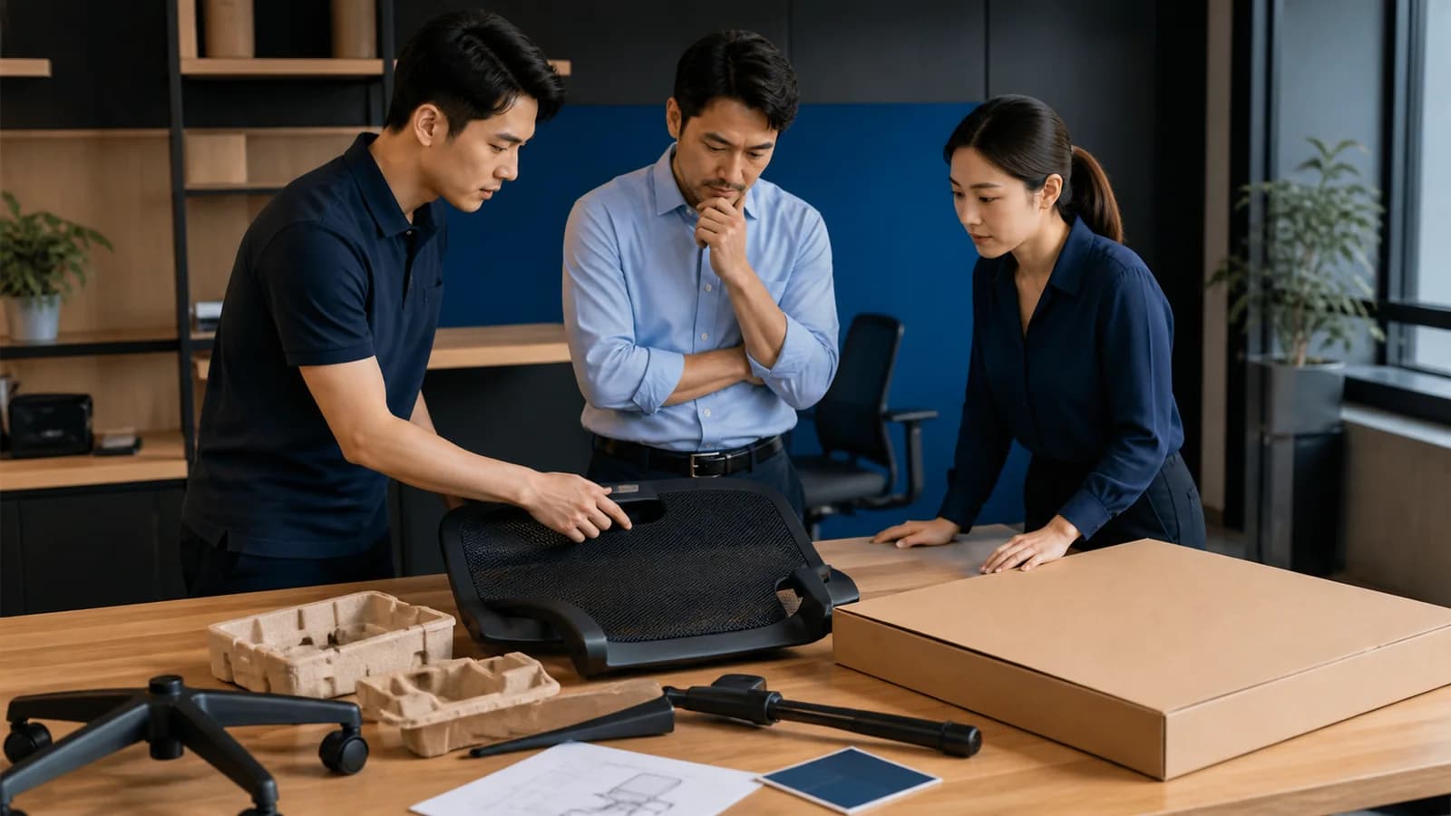 Editorial visualization of a procurement team reviewing office-chair components, protective inserts and a blank flat-pack carton sample