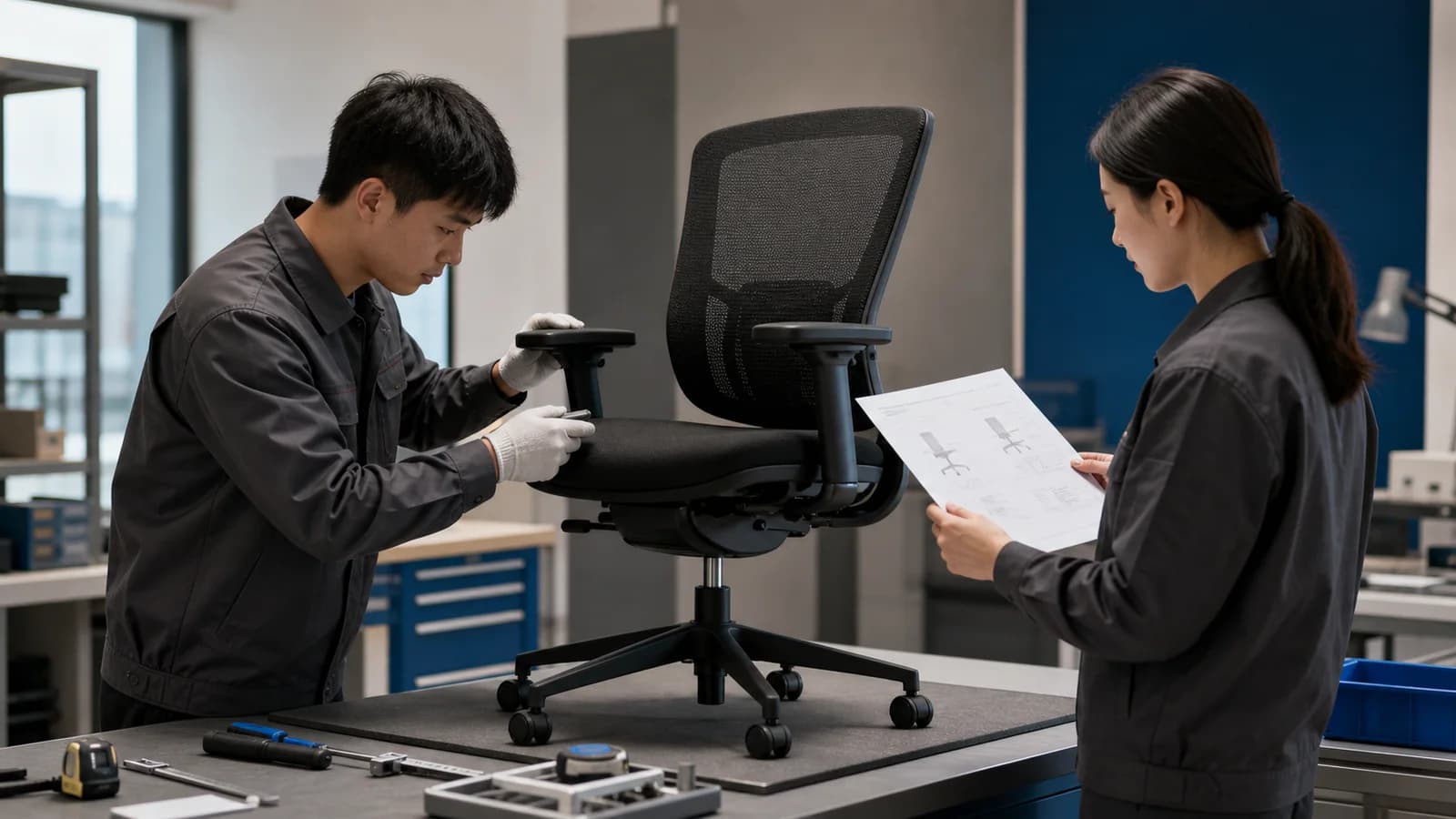 Editorial visualization of two professionals reviewing armrest adjustment and a neutral office-chair specification at a quality-control table