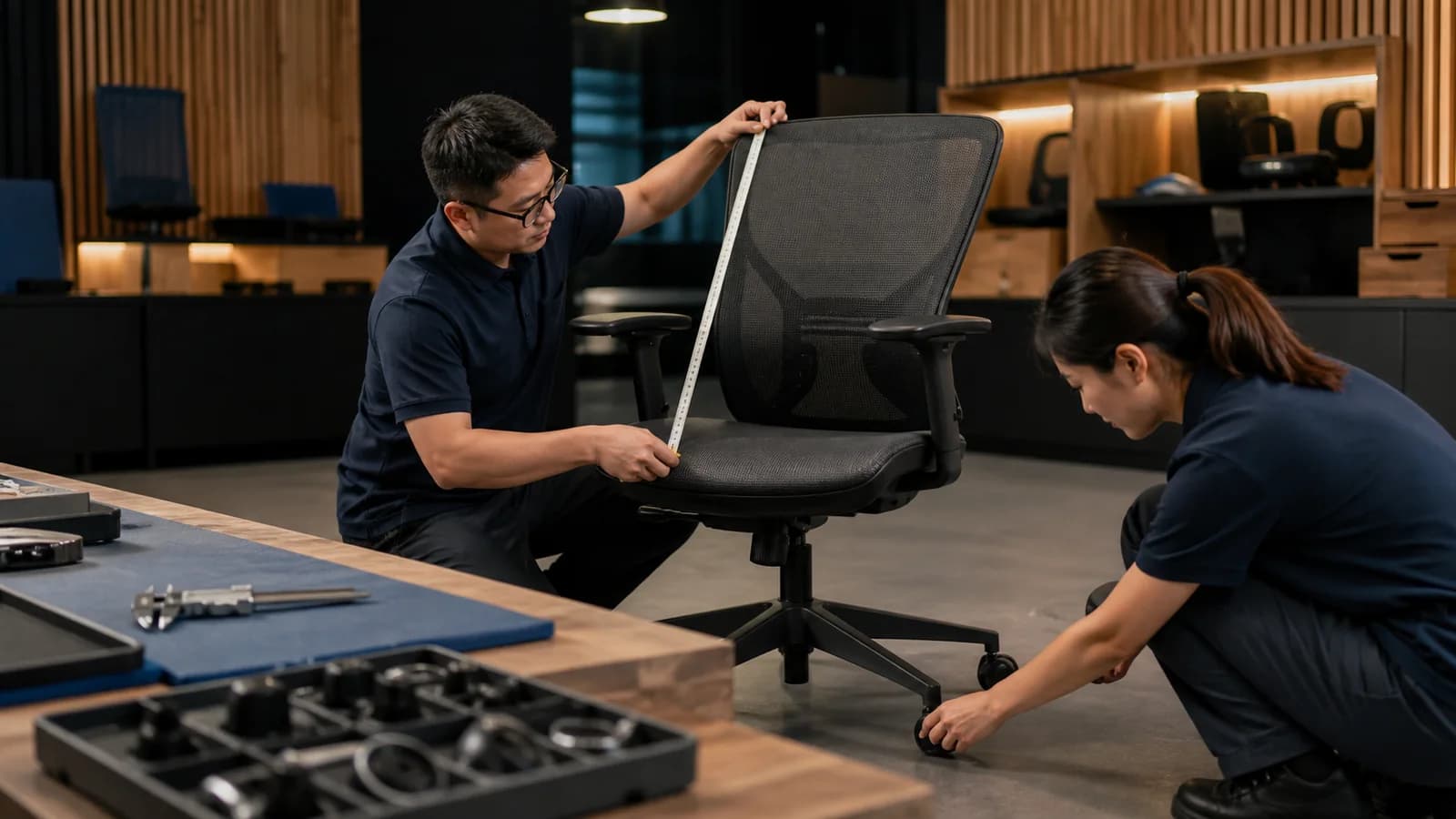 Editorial visualization of a mesh office chair being measured and its caster movement reviewed during a procurement inspection