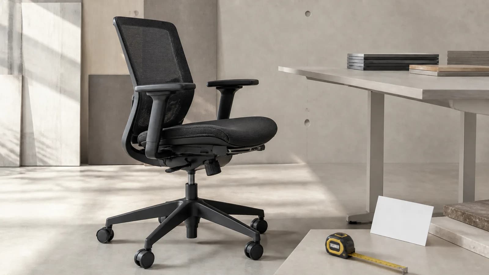 Unbranded mesh task chair with a visible seat-slide track, tape measure and blank specification card