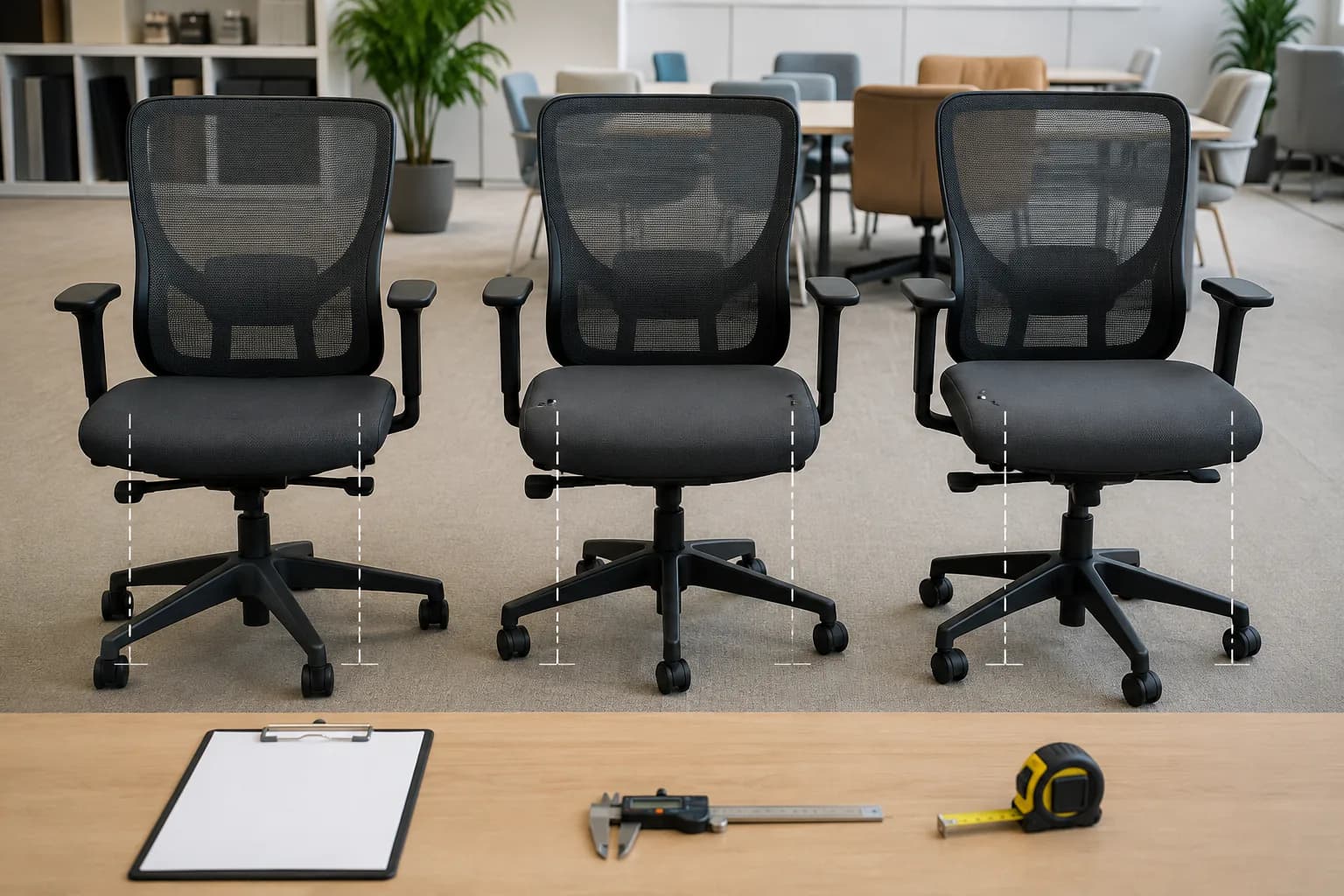 Three unbranded mesh task chairs arranged for a seat-depth comparison with a blank clipboard and measuring tools