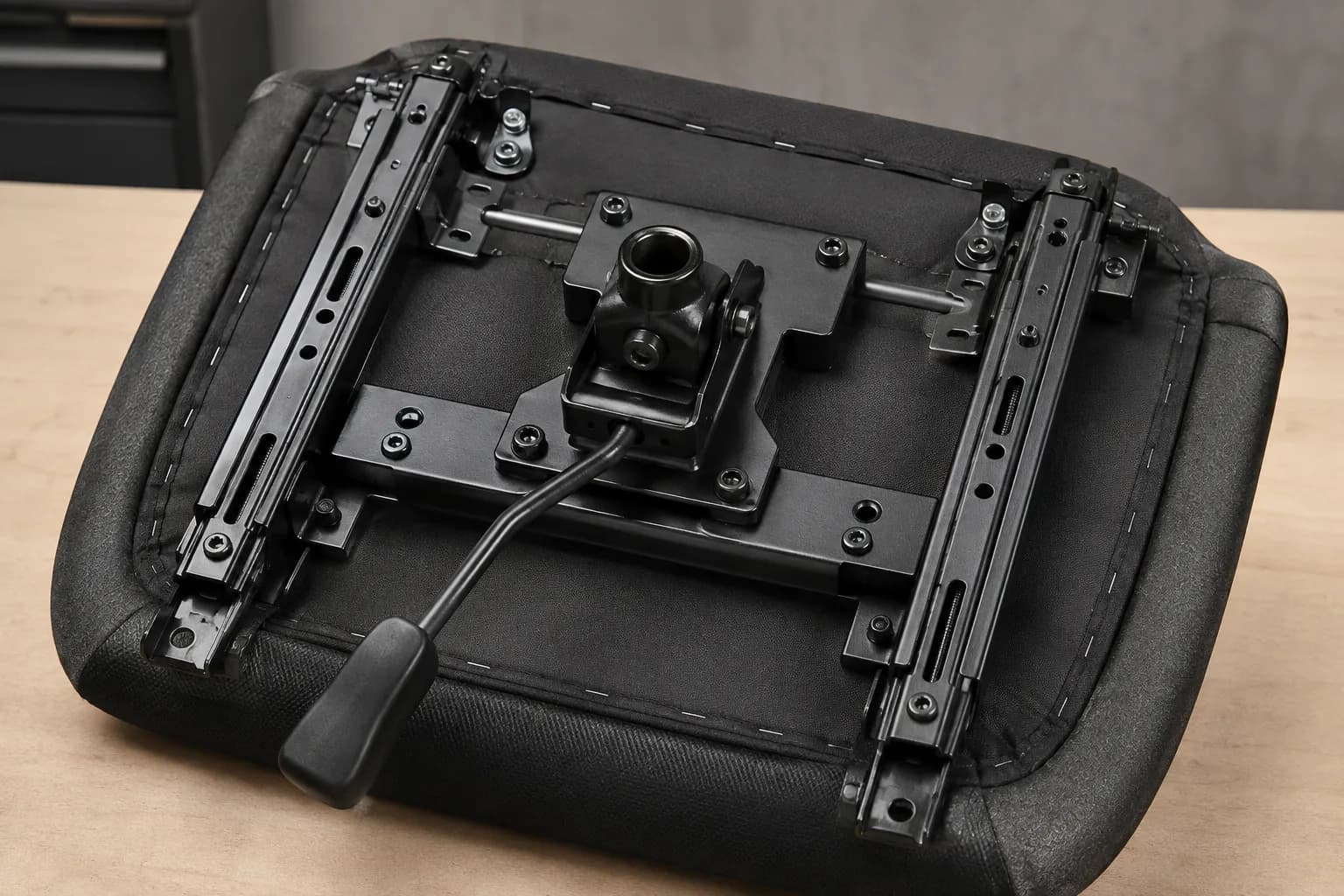 Unbranded office chair seat underside showing generic sliding rails, locking lever, mounting plate and fasteners