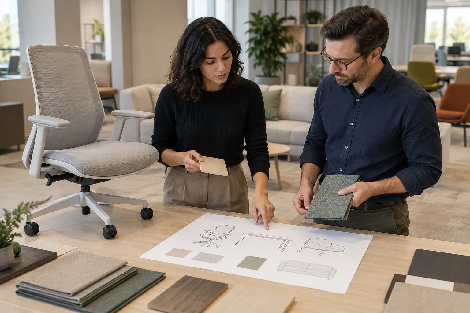Fictional buyer comparing blank furniture configuration sheets and generic material samples at a desk
