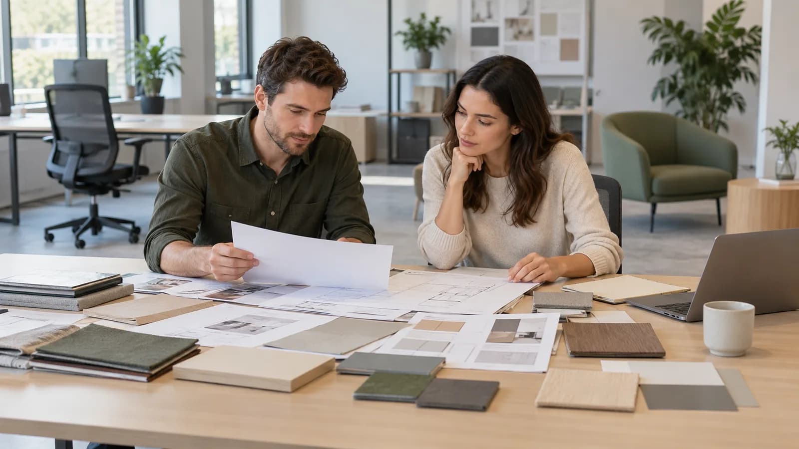 Fictional office furniture buyers reviewing a blank project brief with generic chair, desk and lounge samples
