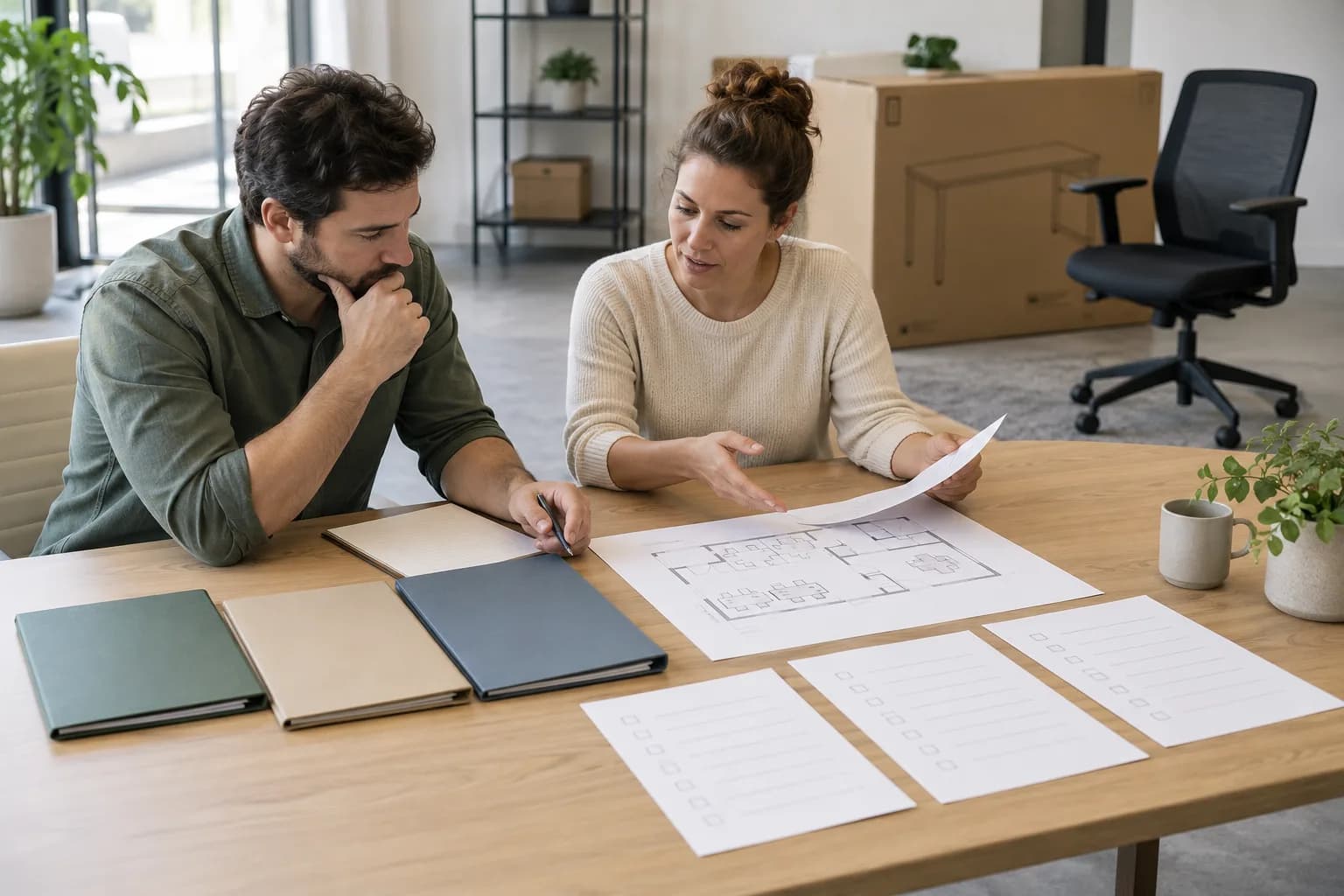Fictional procurement colleagues reviewing unmarked project folders and a version handover