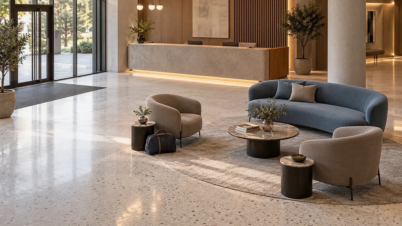 Illustrative reception with lounge chairs, a compact sofa, side tables and a visible entrance-to-desk route