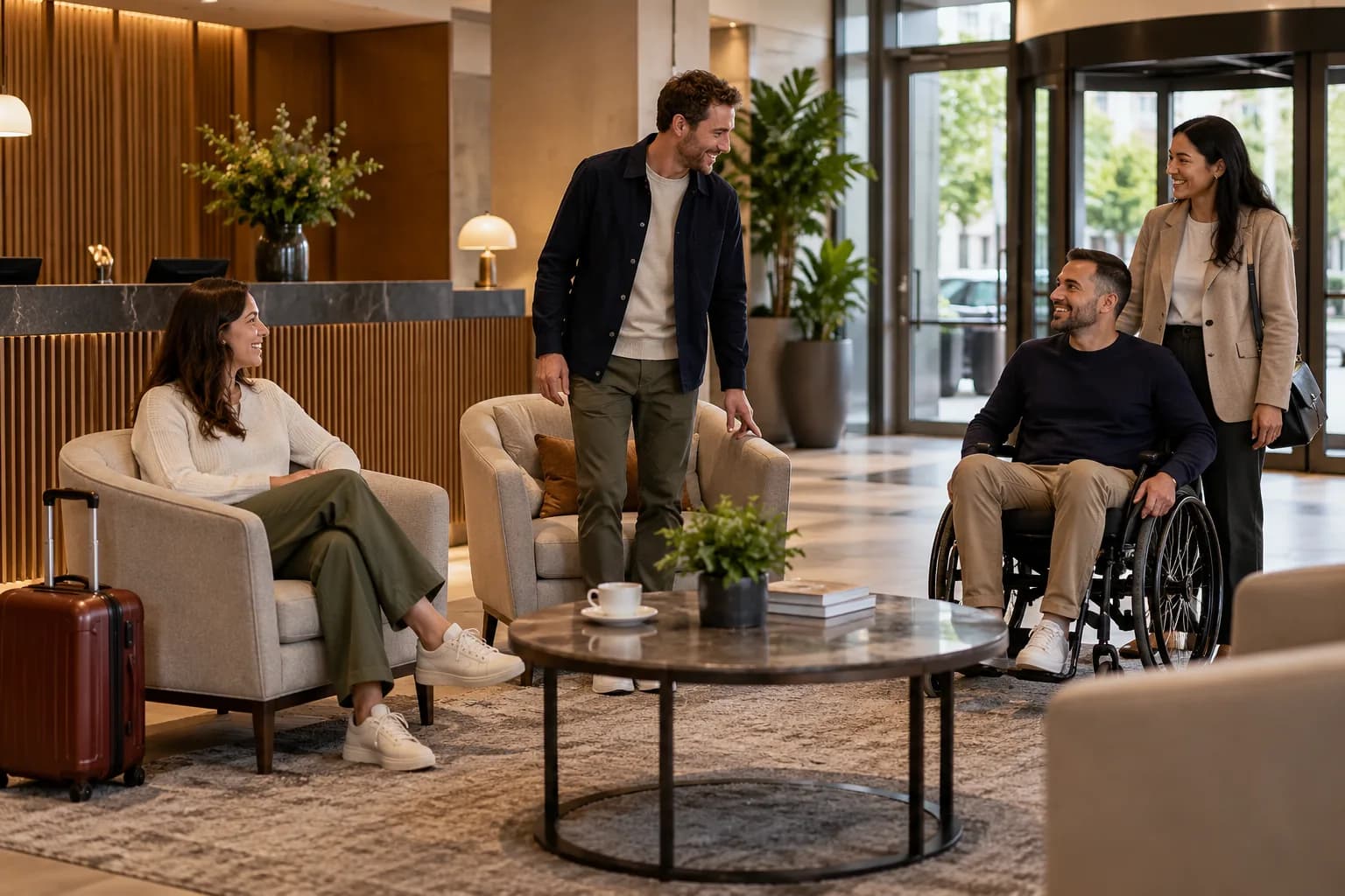 Conceptual occupied reception review with seated and arriving visitors, a wheelchair user, companion seating and a side table