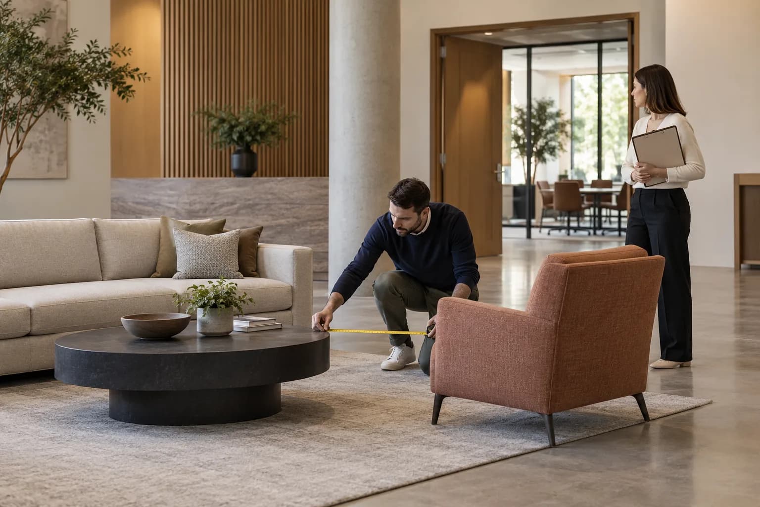 Fictional planners checking a reception chair and table relationship while reviewing a doorway and fixed column