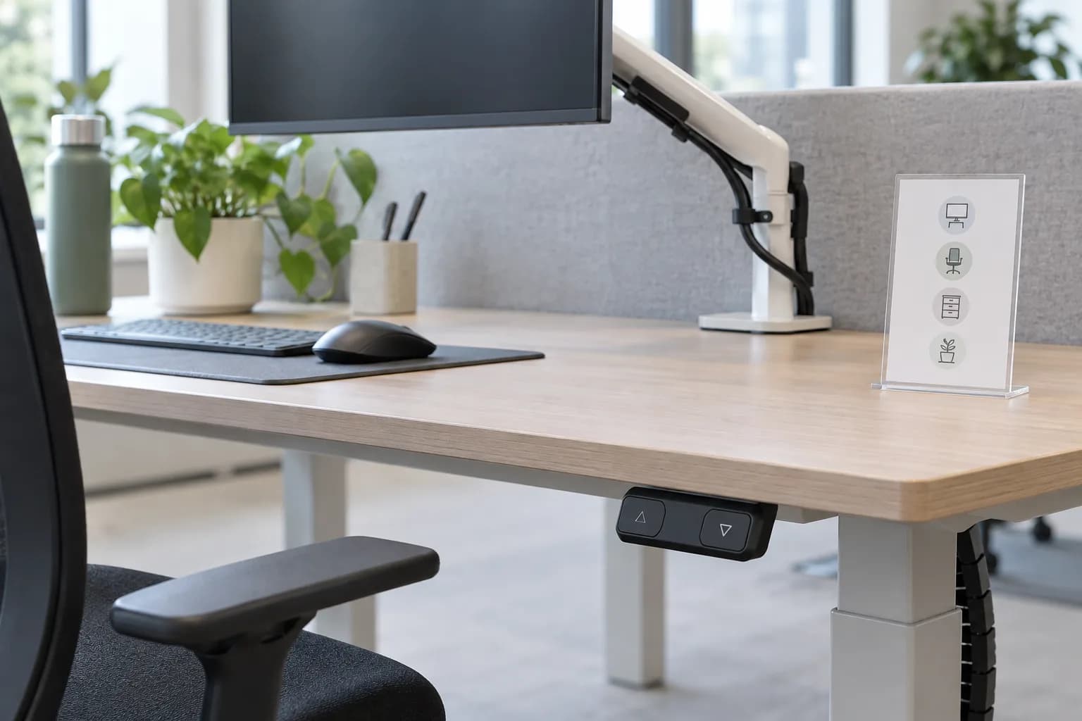 Unbranded height-adjustable desk control handset and monitor arm in a shared workstation setup