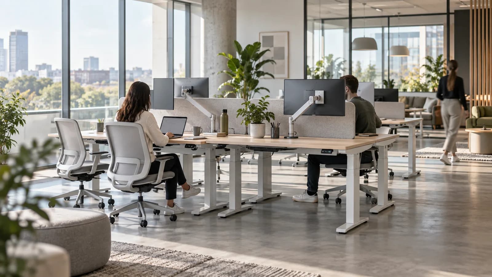 Unbranded shared height-adjustable workstations in a commercial hot-desking office