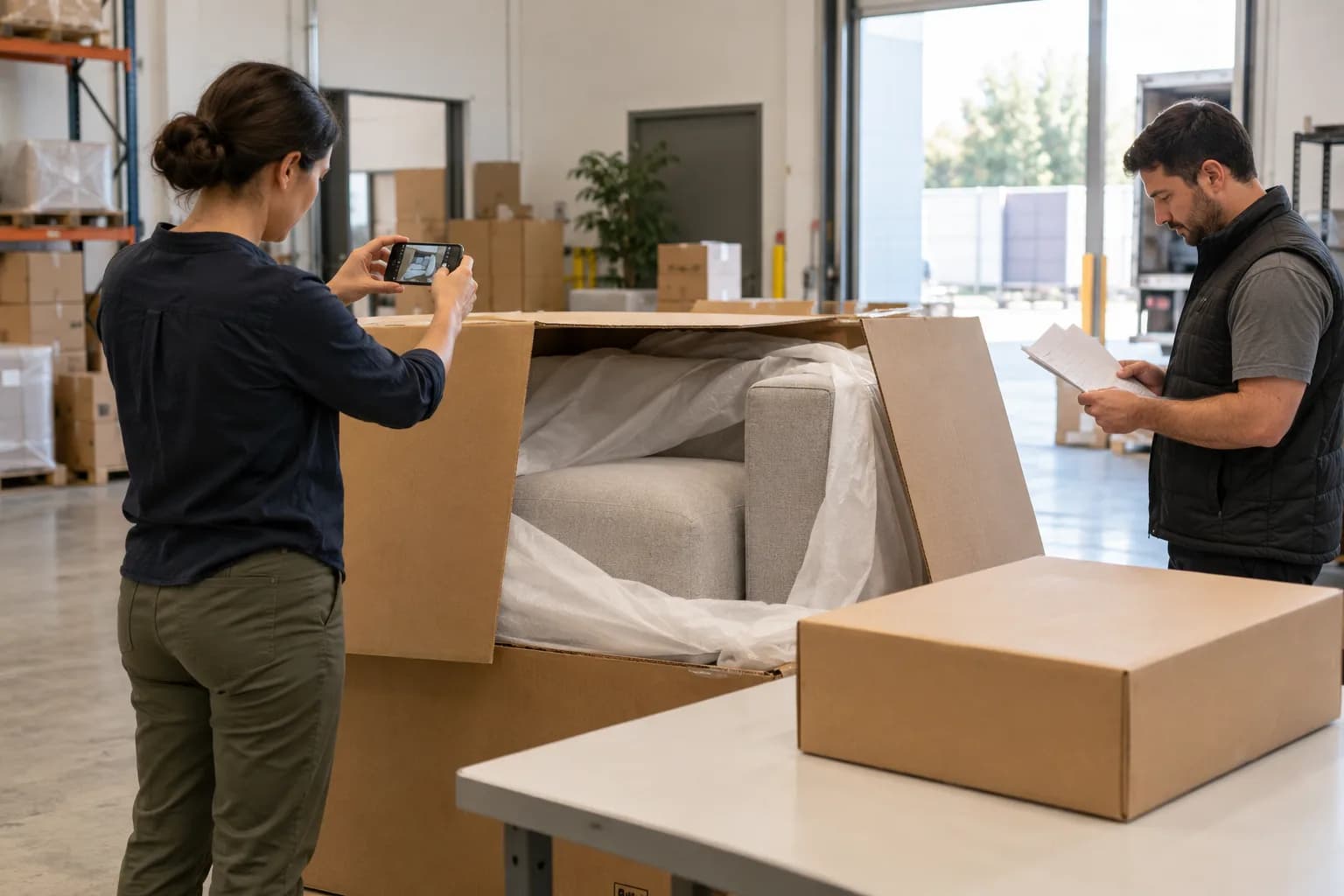 Fictional receiving coordinators photographing plain outer packaging beside a partially unwrapped sofa module and accessory box