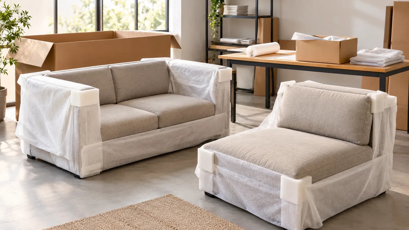 Conceptual sofa and separate module with soft protective layers beside open plain export packaging