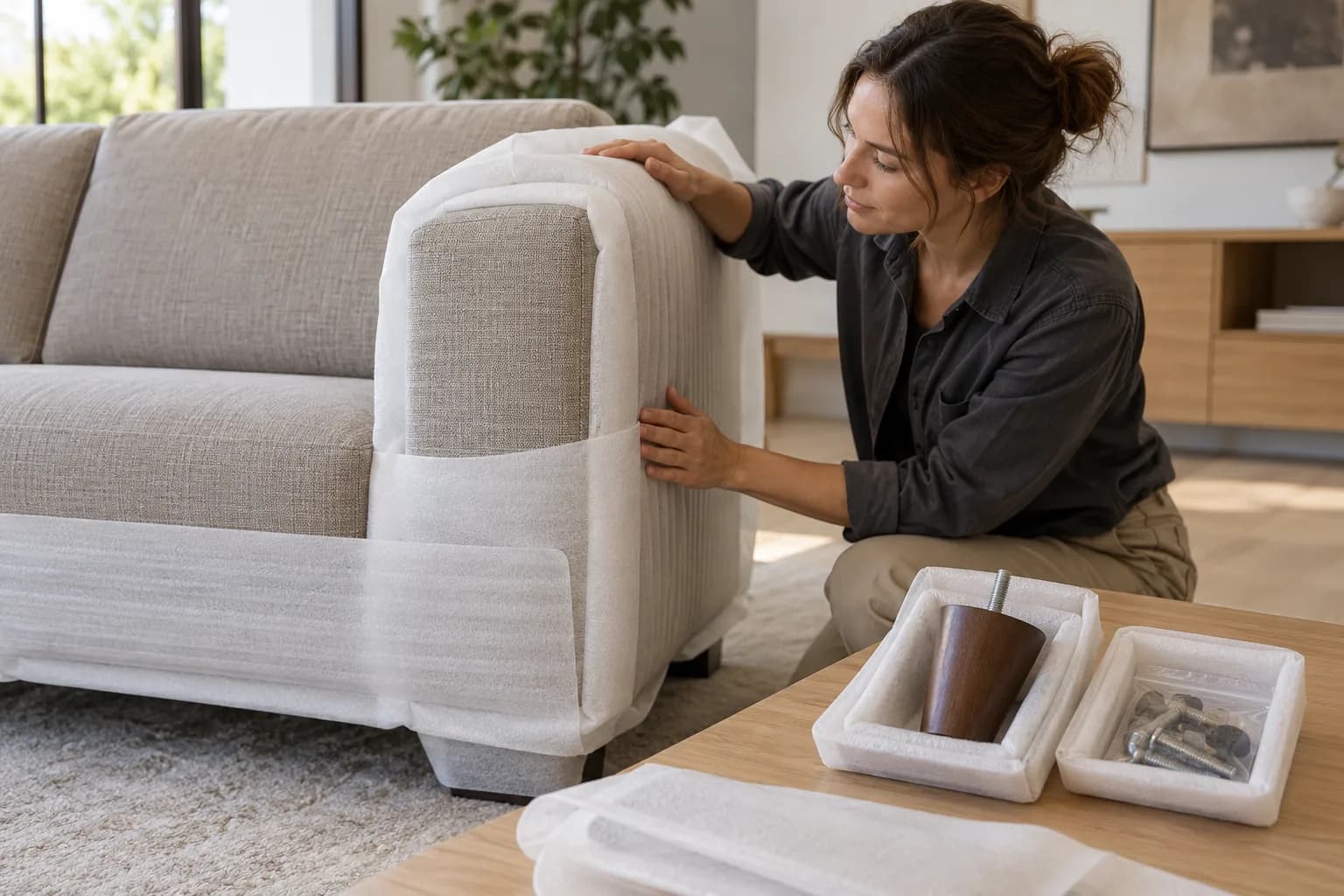 Illustrative sofa arm and base with soft protective layers beside separately protected generic foot and hardware