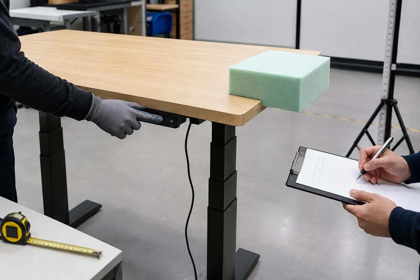 Controlled standing desk anti-collision sample check using a soft foam block and blank observation sheet