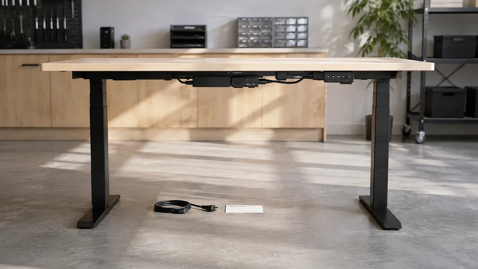 Unbranded electric standing desk at its lowest position with control box, handset and unplugged power lead visible