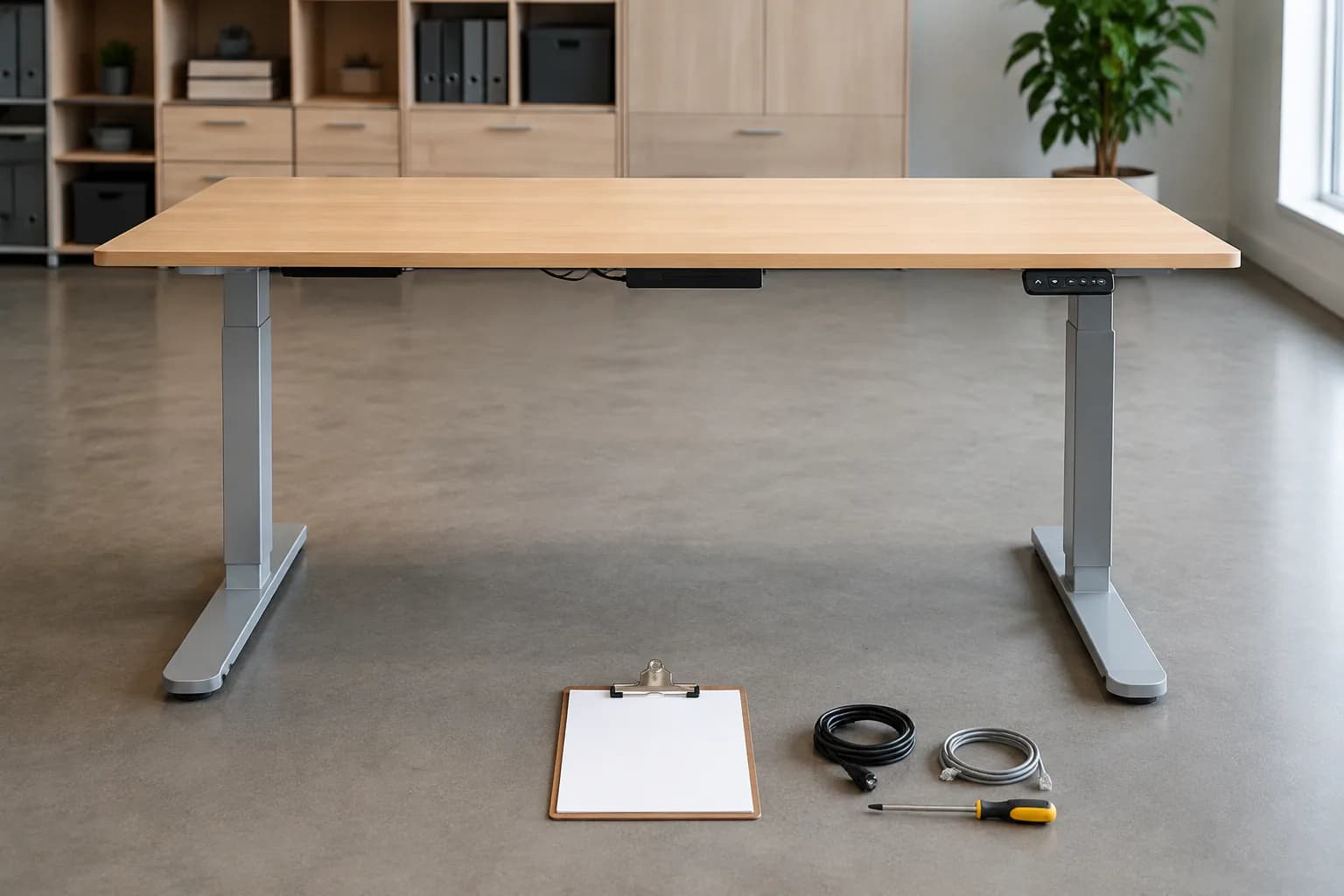 Unbranded two-leg electric standing desk fully lowered with a clear travel path, handset, blank clipboard and service tools