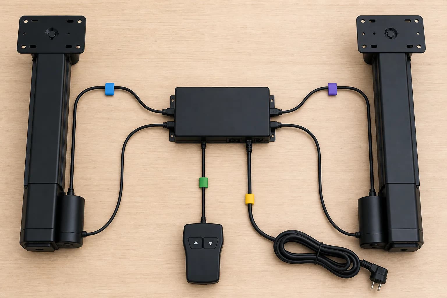 Top-down unbranded electric standing desk control box connected to two lifting columns, a handset and power lead with color route tags