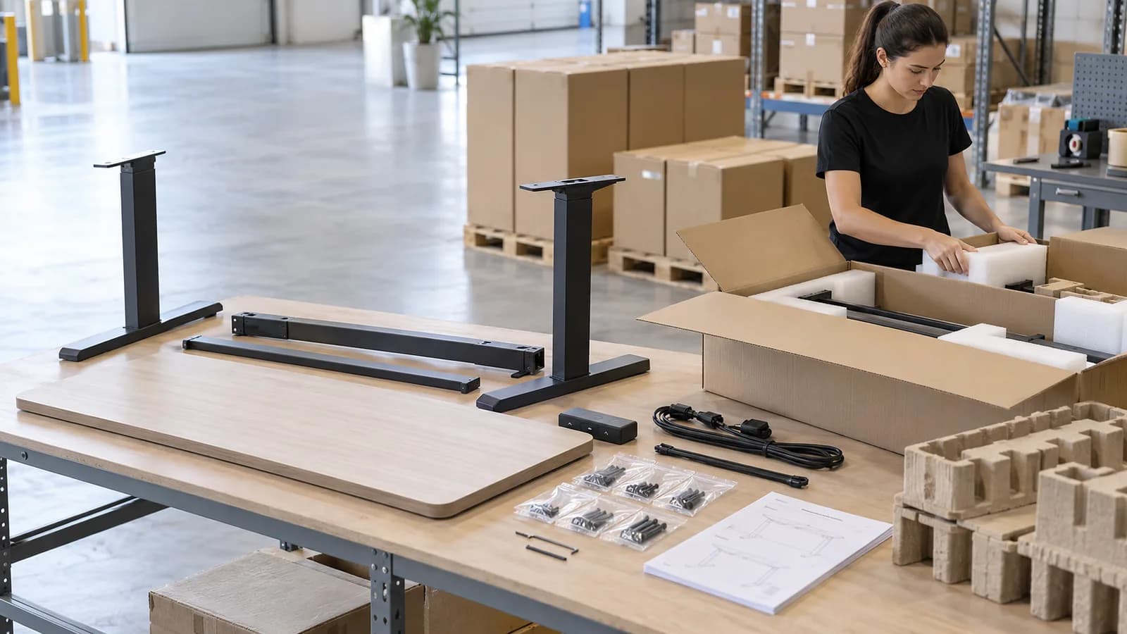 Unbranded standing desk frame, tabletop, electronics and protective packaging at a warehouse pack-out station