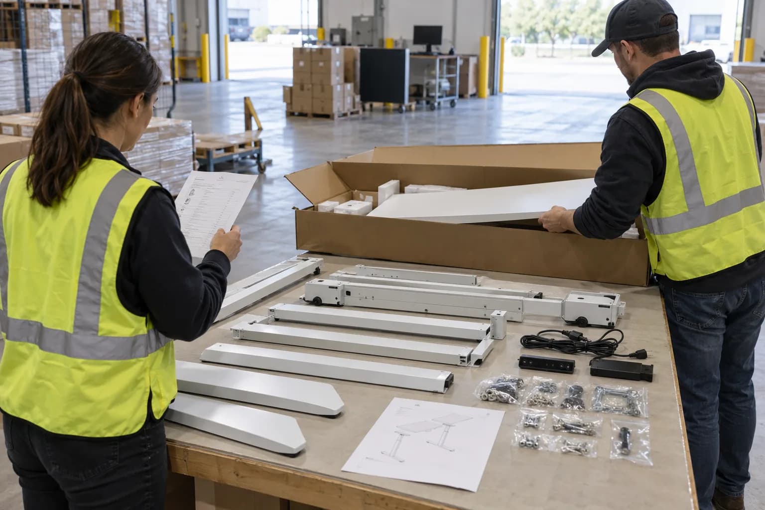 Warehouse team verifying unbranded standing desk parts and documents against a packing list at receiving