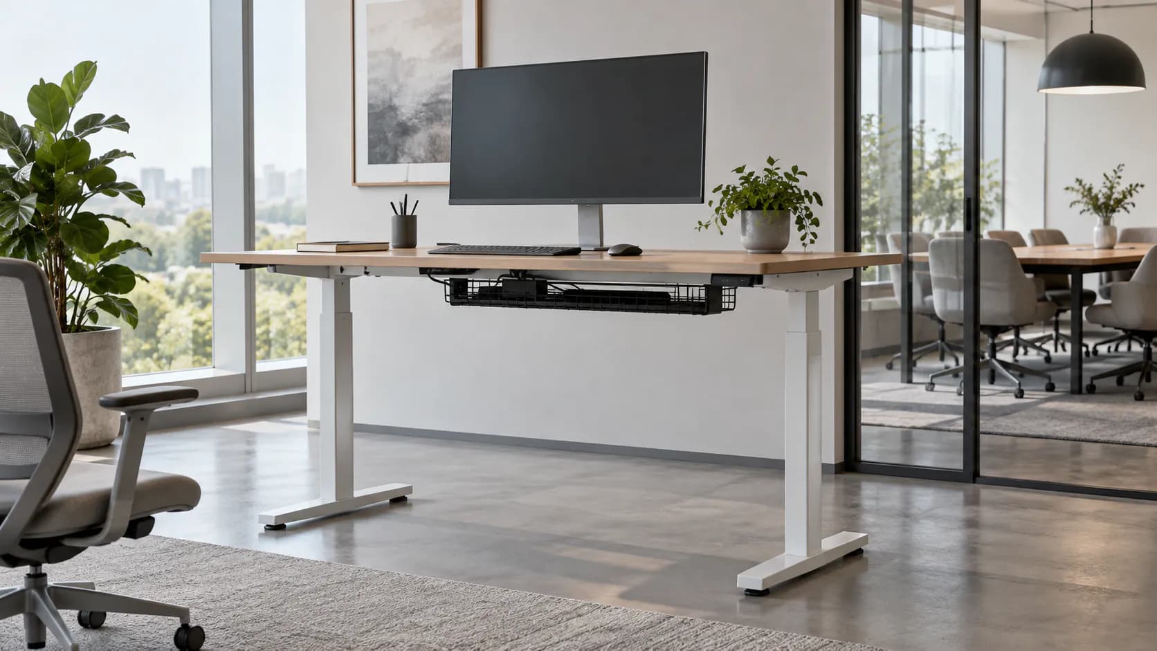 Unbranded electric standing desk in a quiet contemporary commercial office setting