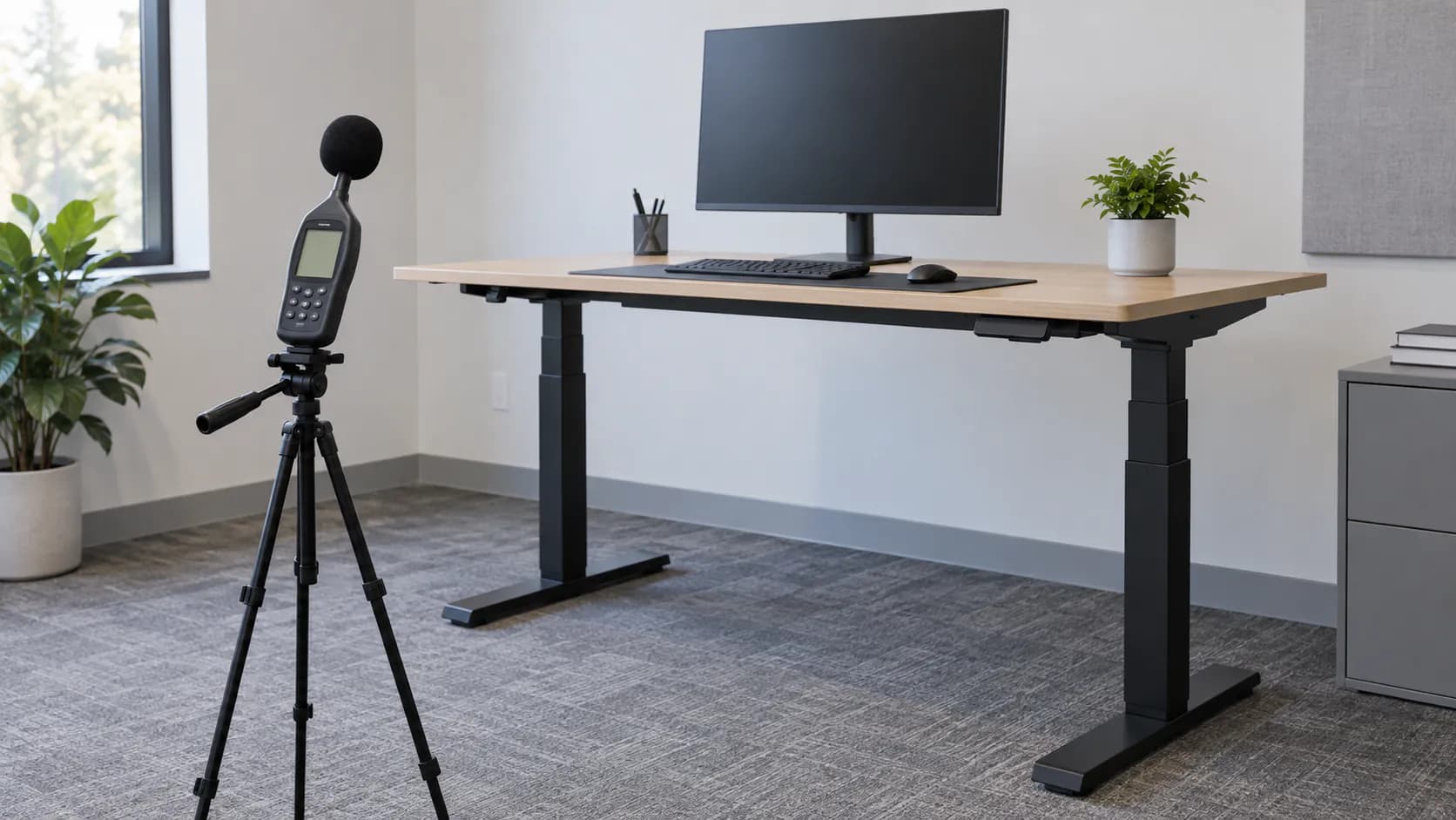 Generic sound level meter on a tripod beside an unbranded electric standing desk in an office-like evaluation room