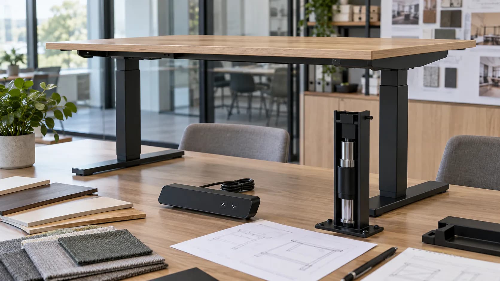 Unbranded standing desk sample with tabletop, control handset and motor-column detail arranged for a project acceptance review