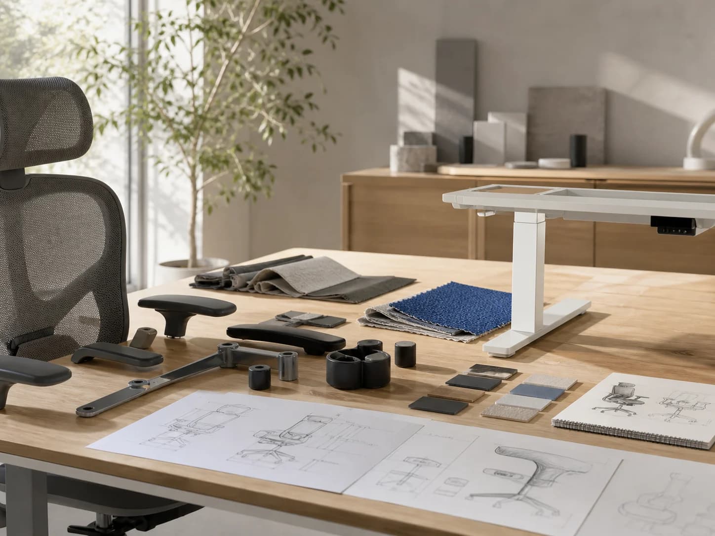 Office furniture product-development desk with chair components, materials and standing desk frame